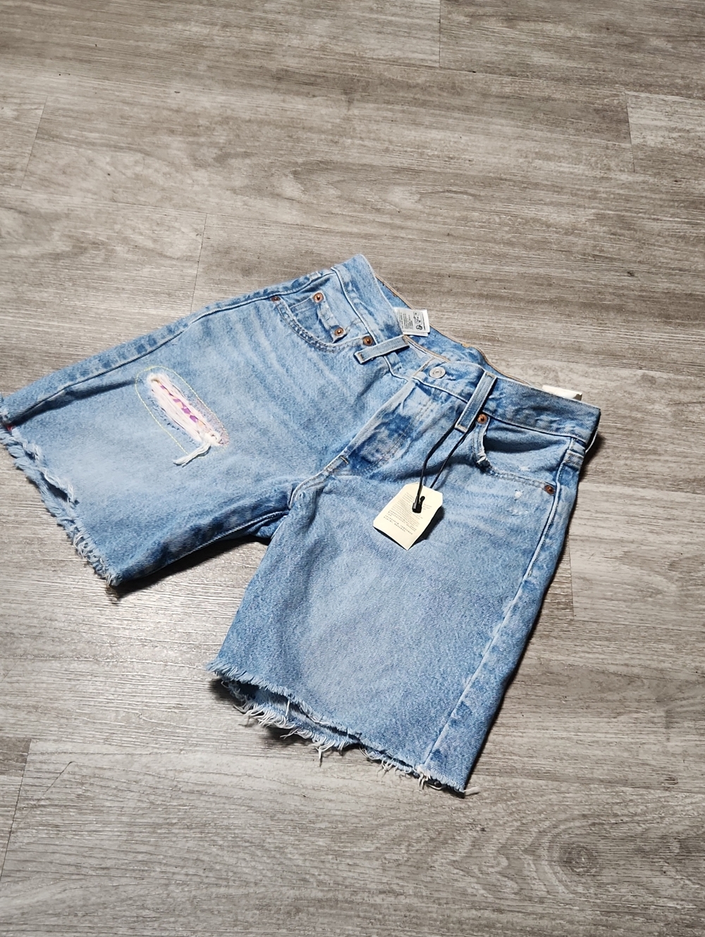 Levis Light Blue Distressed Denim Jean Shorts - Picture 2 of 11